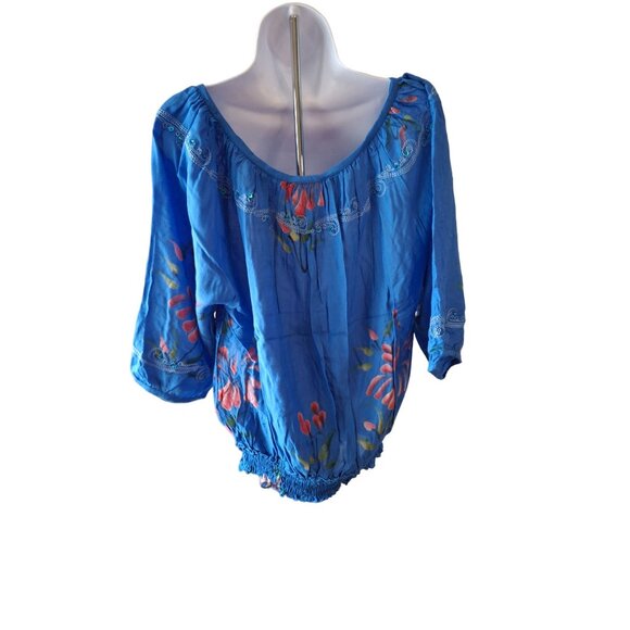 Island Planet Womens  Blouse One Size Blue Floral Embroidered Rayon Boho Peasant - Picture 2 of 8